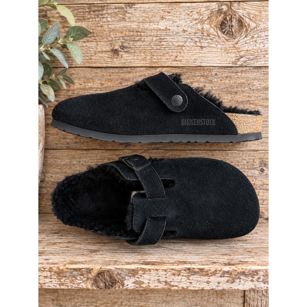 Birkenstock Boston Clog Shearling Lined Black Suede Size 40